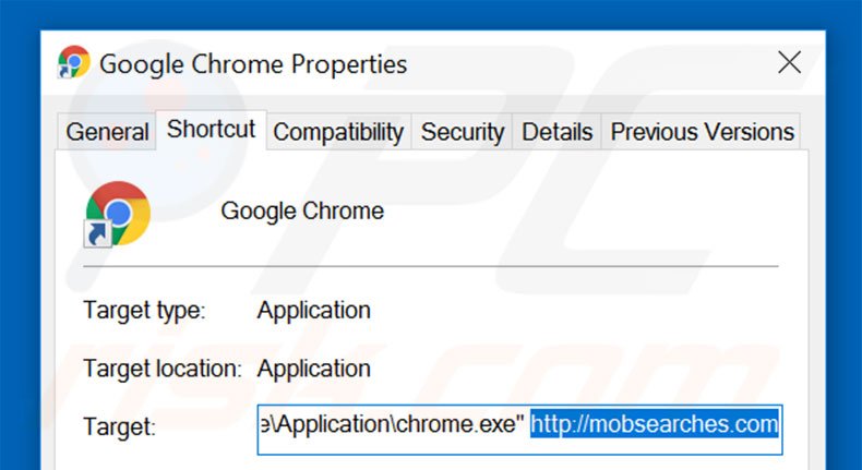 Suppression du raccourci cible de mobsearches.com dans Google Chrome étape 2