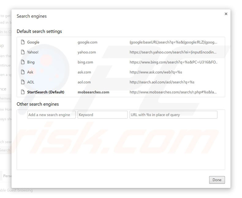 Suppression du moteur de recherche par défaut de mobsearches.com dans Google Chrome