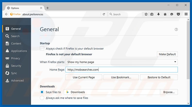 Suppression de la page d'accueil de mobsearches.com dans Mozilla Firefox 