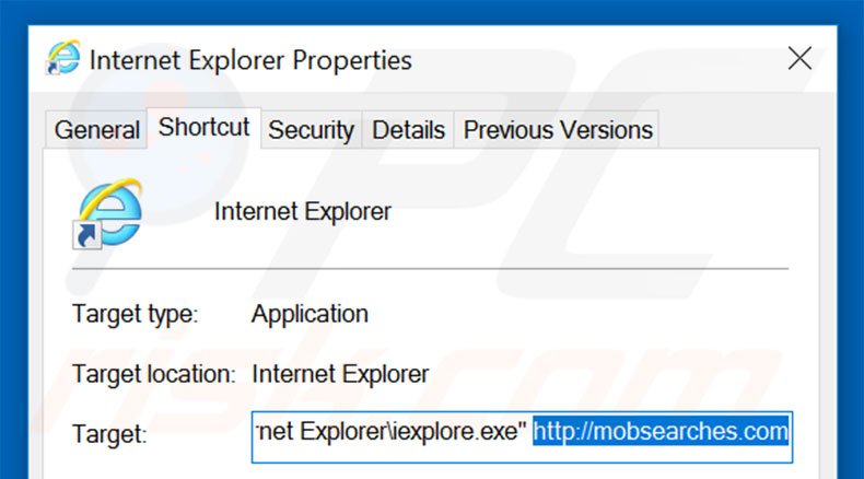 Suppression du raccourci cible de mobsearches.com dans Internet Explorer étape 2