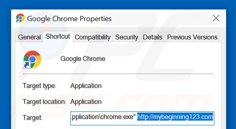 Suppression du raccourci cible de mybeginning123.com dans Google Chrome étape 2