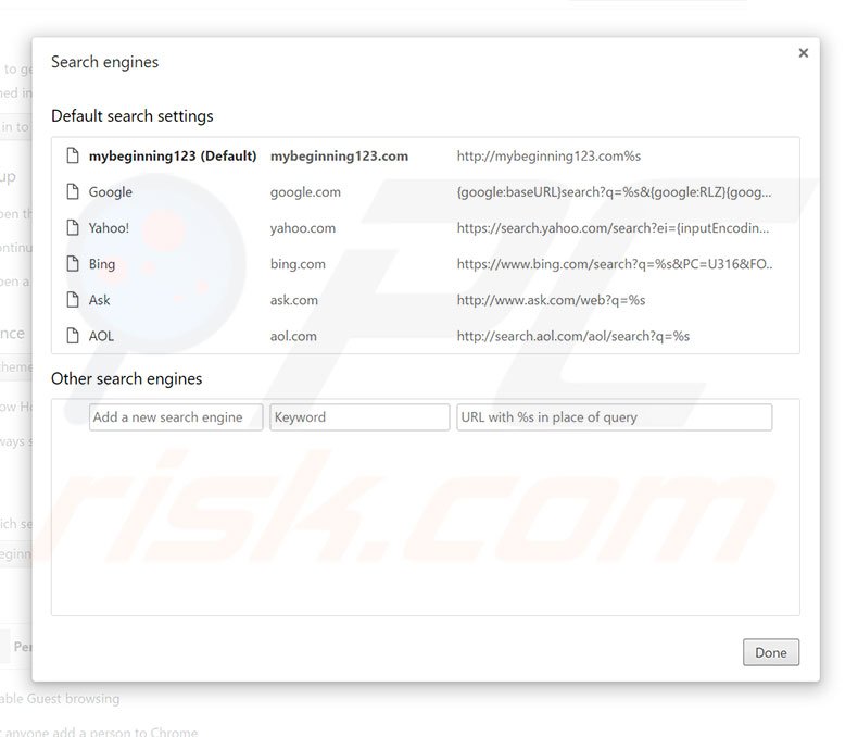 Suppression du moteur de recherche par défaut de mybeginning123.com dans Google Chrome 