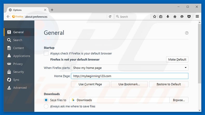 Suppression de la page d'accueil de mybeginning123.com dans Mozilla Firefox 