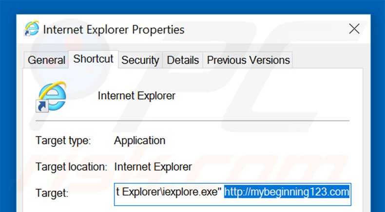 Suppression du raccourci cible de mybeginning123.com dans Internet Explorer étape 2