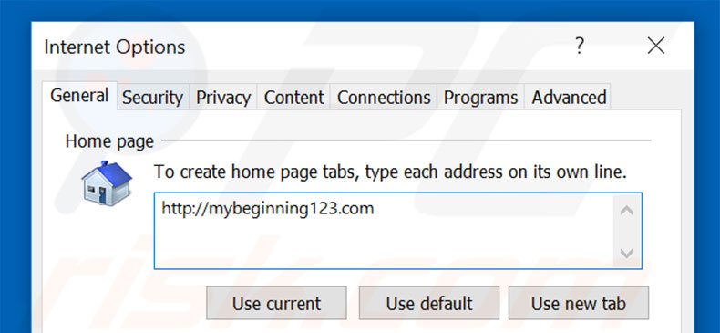 Suppression de la page d'accueil de mybeginning123.com dans Internet Explorer 