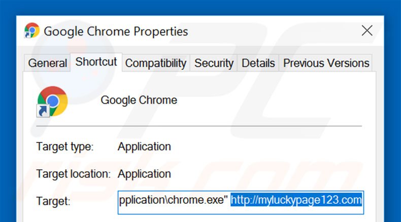 Suppression du raccourci cible de myluckypage123.com dans Google Chrome étape 2