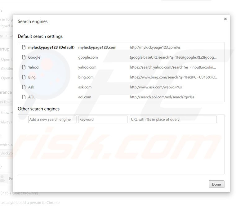Suppression du moteur de recherche par défaut de myluckypage123.com dans Google Chrome 