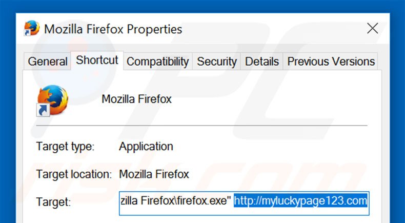 Suppression du raccourci cible de myluckypage123.com dans Mozilla Firefox étape 2