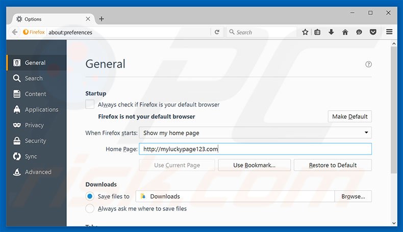 Suppression de la page d'accueil de myluckypage123.com dans Mozilla Firefox 
