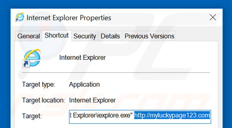 Suppression du raccourci cible de myluckypage123.com dans Internet Explorer étape 2