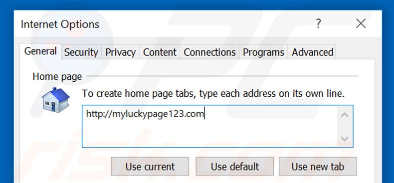 Suppression de la page d'accueil de myluckypage123.com dans Internet Explorer 