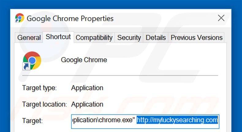 Suppression du raccourci cible de myluckysearching.com dans Google Chrome étape 2
