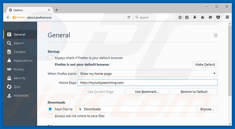 Suppression de la page d'accueil de myluckysearching.com dans Mozilla Firefox 