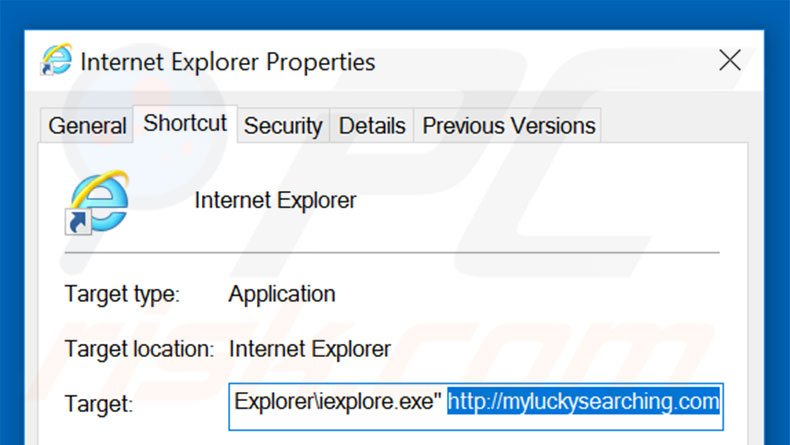 Suppression du raccourci cible de myluckysearching.com dans Internet Explorer étape 2