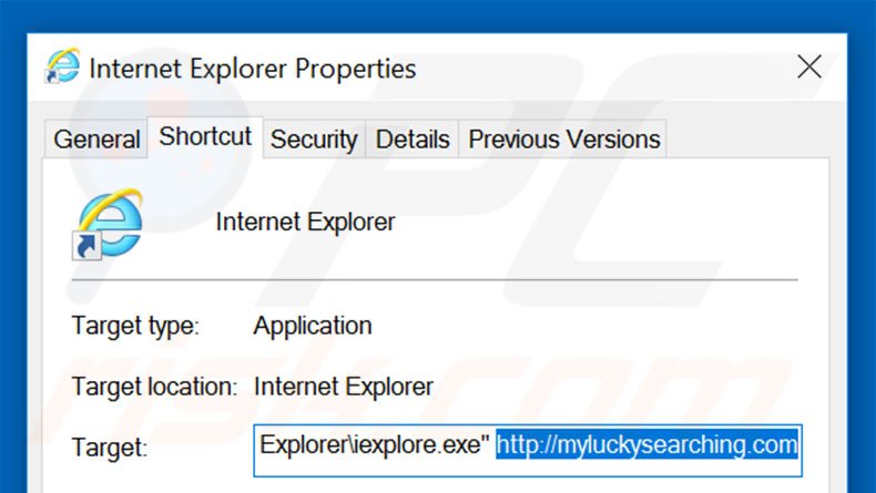 Suppression du raccourci cible de myluckysearching.com dans Internet Explorer étape 2