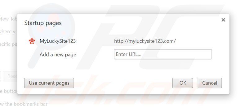 Suppression de la page d'accueil de myluckysite123.com dans Google Chrome 