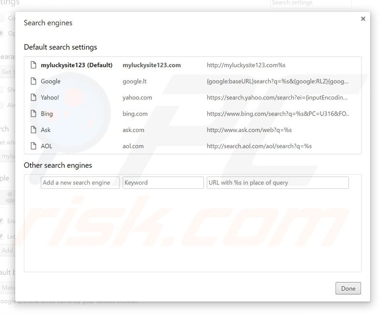 Suppression du moteur de recherche par défaut de myluckysite123.com dans Google Chrome