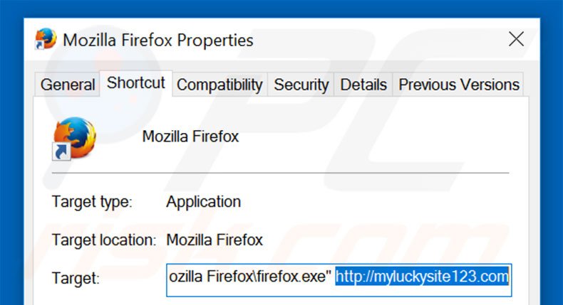 Suppression du raccourci cible de myluckysite123.com dans Mozilla Firefox étape 2