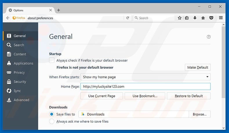 Suppression de la page d'accueil de myluckysite123.com dans Mozilla Firefox 