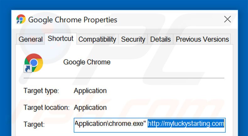 Suppression du raccourci cible de myluckystarting.com dans Google Chrome étape 2