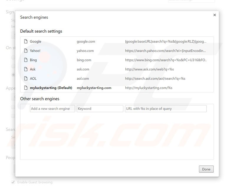 Suppression du moteur de recherche par défaut de myluckystarting.com dans Google Chrome 