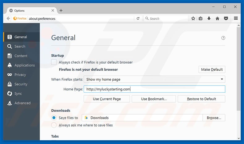 Suppression de la page d'accueil de myluckystarting.com dans Mozilla Firefox 