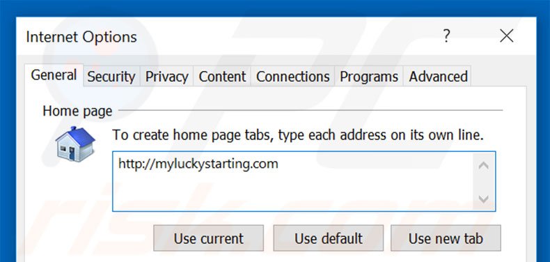 Suppression de la page d'accueil de myluckystarting.com dans Internet Explorer 