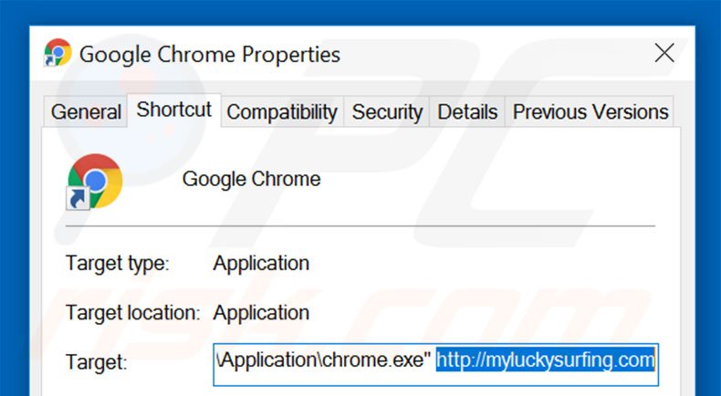 Suppression du raccourci cible de myluckysurfing.com dans Google Chrome étape 2