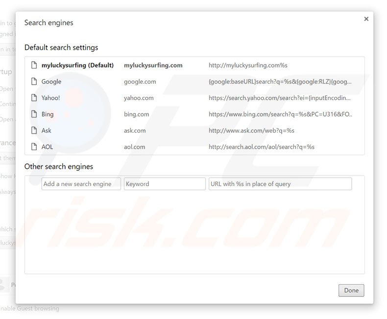 Suppression du moteur de recherche par défaut de myluckysurfing.com dans Google Chrome 