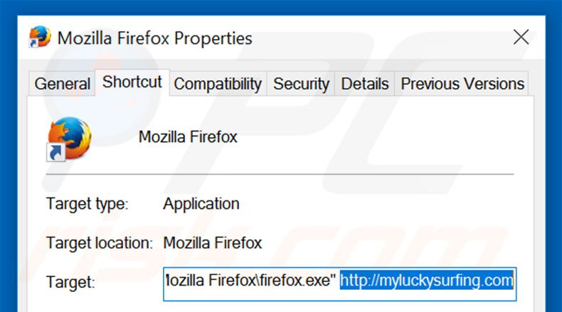 Suppression du raccourci cible de myluckysurfing.com dans Mozilla Firefox étape 2