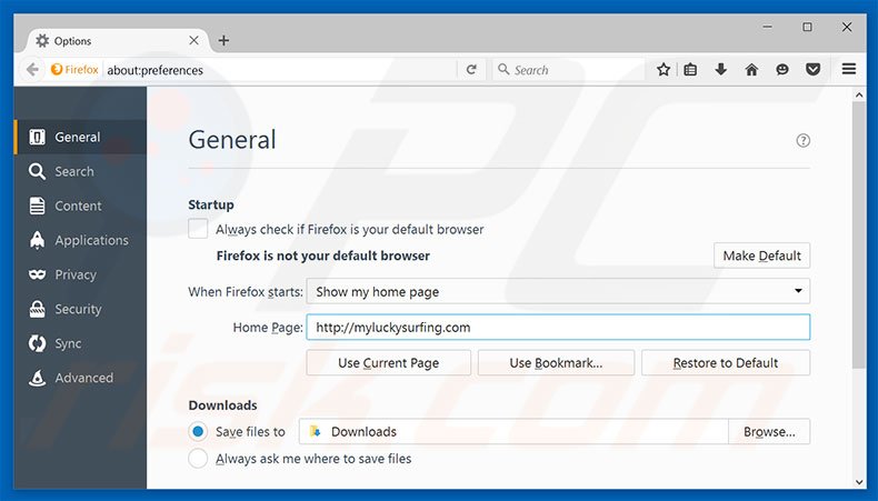Suppression de la page d'accueil de myluckysurfing.com dans Mozilla Firefox 