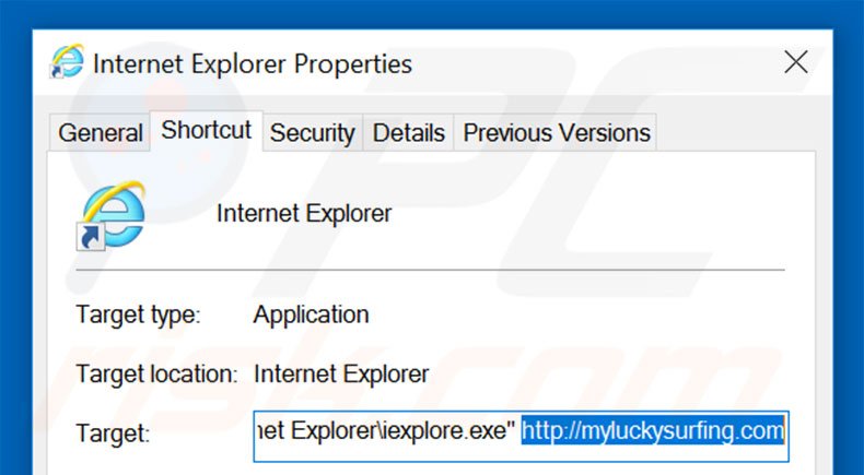 Suppression du raccourci cible de myluckysurfing.com dans Internet Explorer étape 2