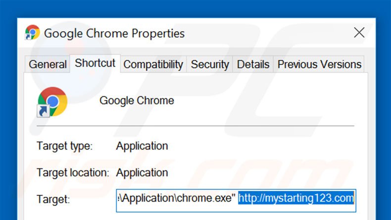 Suppression du raccourci cible de mystarting123.com dans Google Chrome étape 2