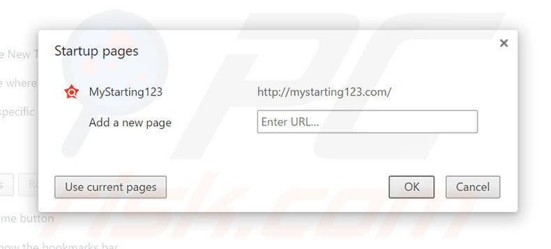 Suppression de la page d'accueil de mystarting123.com dans Google Chrome 