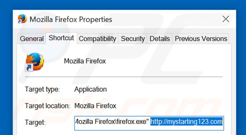 uppression du raccourci cible de mystarting123.com dans Mozilla Firefox étape 2