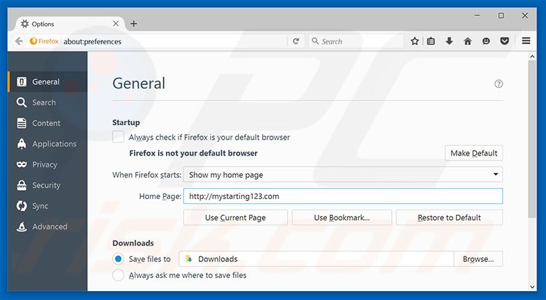 Suppression de la page d'accueil de mystarting123.com dans Mozilla Firefox 