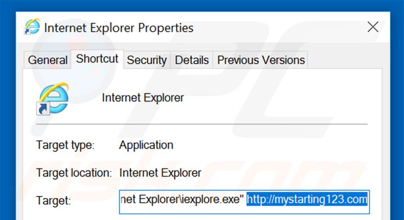 Suppression du raccourci cible de mystarting123.com dans Internet Explorer étape 2