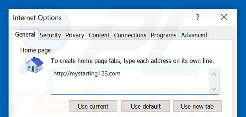 Suppression de la page d'accueil de mystarting123.com dans Internet Explorer 