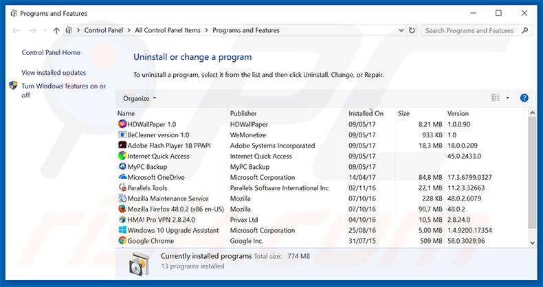 Désinstallation du pirate de navigateur mystarting123.com via le Panneau de Configuration