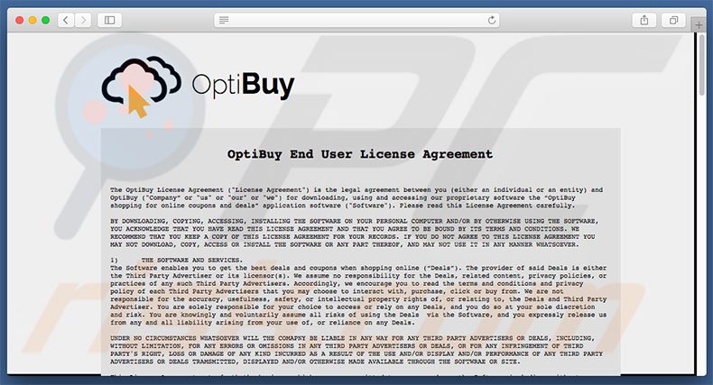 termes et conditions du site web du logiciel de publicité OptiBuy 