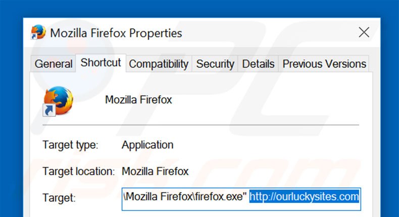 Suppression du raccourci cible d'ourluckysites.com dans Mozilla Firefox étape 2