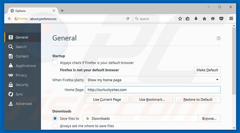 Suppression de la page d'accueil d'ourluckysites.com dans Mozilla Firefox 