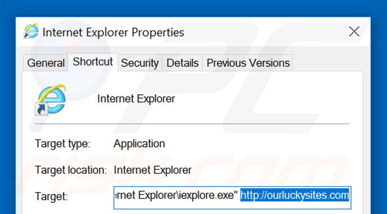 Suppression du raccourci cible d'ourluckysites.com dans Internet Explorer étape 2