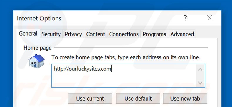 Suppression de la page d'accueil d'ourluckysites.com dans Internet Explorer 
