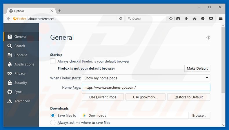 Suppression de la page d'accueil de searchencrypt.com dans Mozilla Firefox 