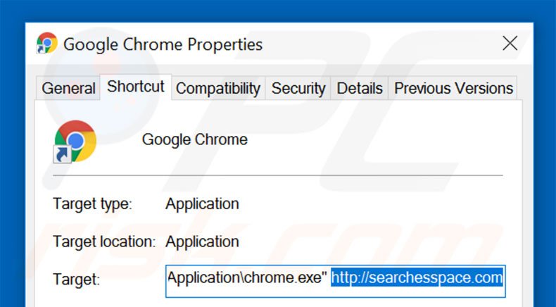 Suppression du raccourci cible de searchesspace.com dans Google Chrome étape 2