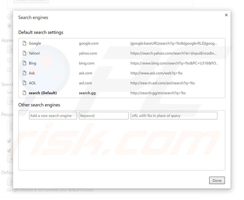 Suppression du moteur de recherche par défaut de search.gg dans Google Chrome 