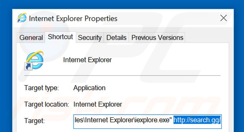 Suppression du raccourci cible search.gg dans Internet Explorer étape 2