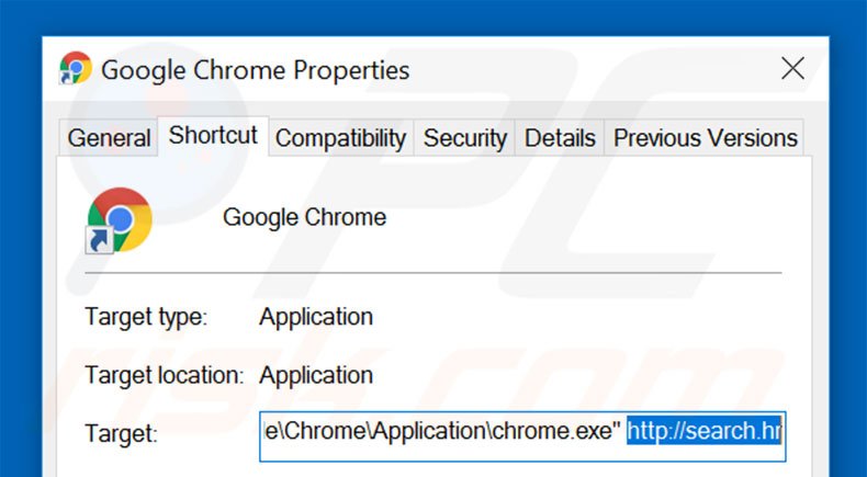 Suppression du raccourci cible de search.hr dans Google Chrome étape 2