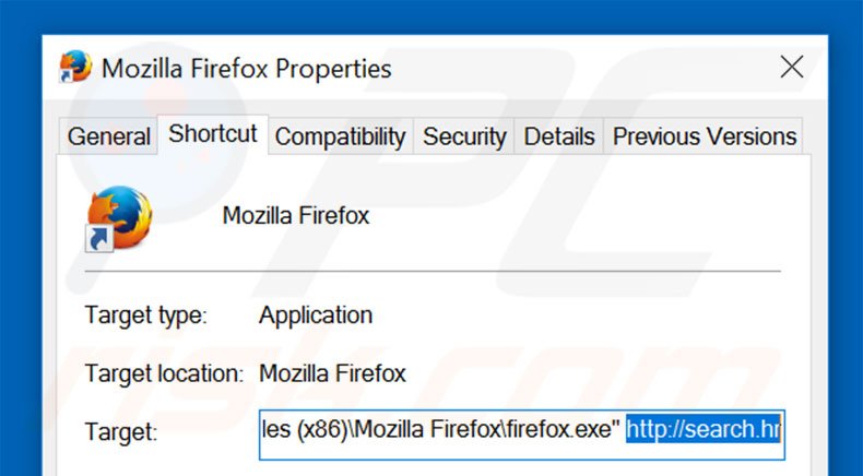 Suppression du raccourci cible de search.hr dans Mozilla Firefox étape 2